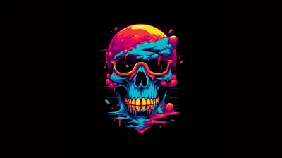 A skull in hot pink, cyan and orange grins under mirrored shades, its colours dripping downward against flat black.