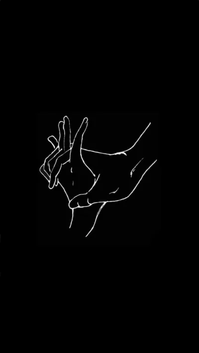 A minimal white outline of two hands almost touching sits in a small square of the frame, the rest left in true black.