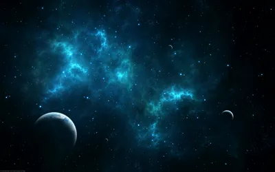 Wisps of blue nebula drift between two grey moons on a nearly black field, the darkest corners sitting along the bottom of the frame.