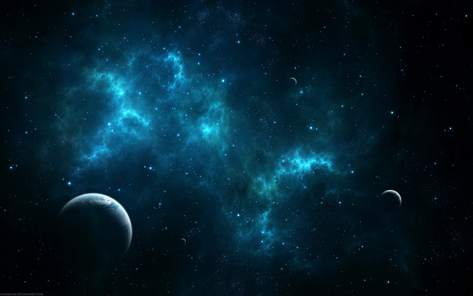 Wisps of blue nebula drift between two grey moons on a nearly black field, the darkest corners sitting along the bottom of the frame.