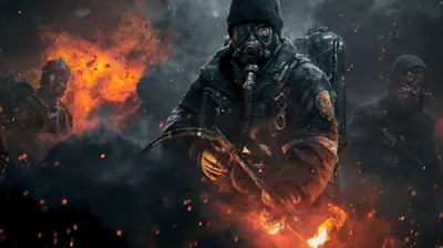 A masked soldier advances through smoke and burning debris, embers glowing orange against a dark battlefield.