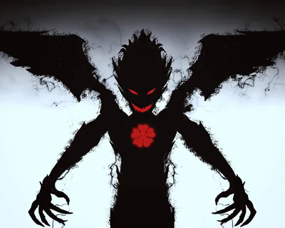 The winged Black Clover demon looms in solid silhouette against a pale sky, red eyes and the five-leaf clover on its chest the only colour.