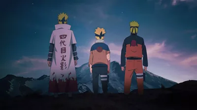 Seen from behind, a kanji-marked Hokage cloak, a black jacket and Naruto's orange suit line up before a distant peak under a faint spray of stars.