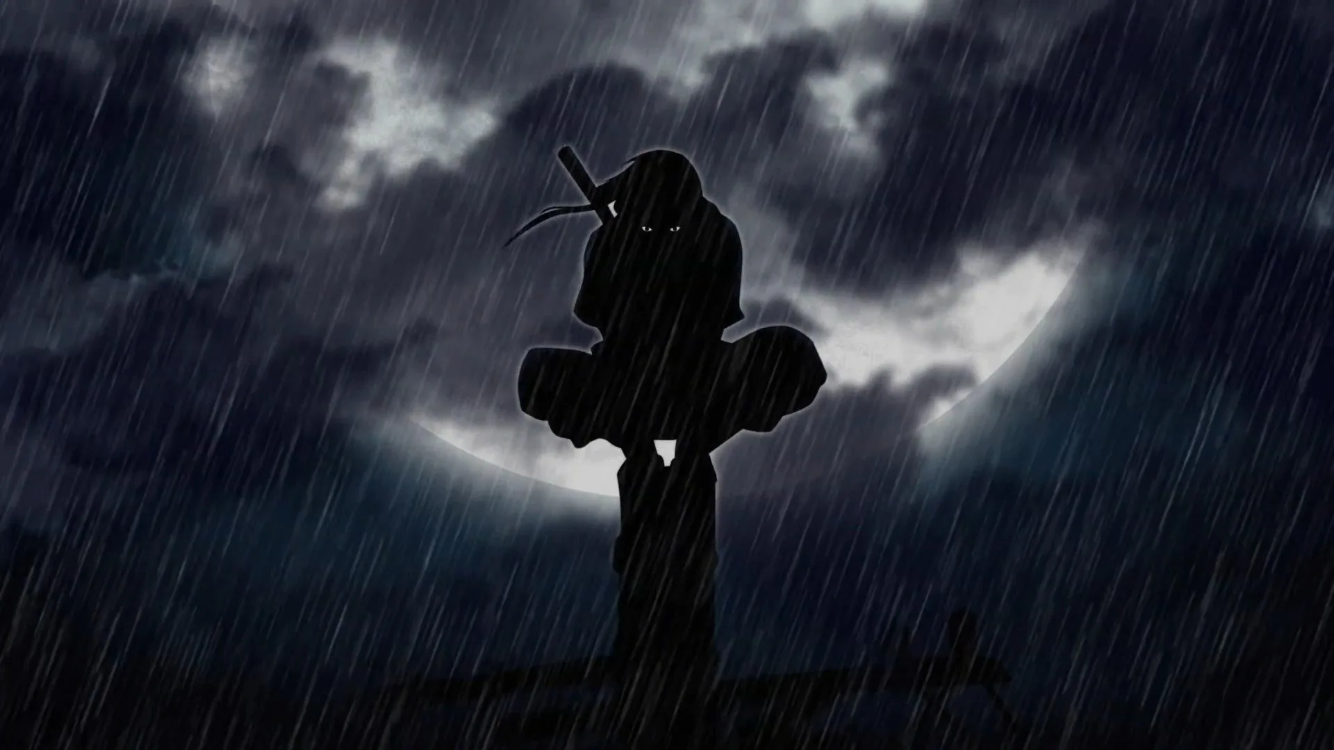 A hooded figure stands on a stone cross under heavy rain, backlit by a break in the storm clouds so only the outline reads.