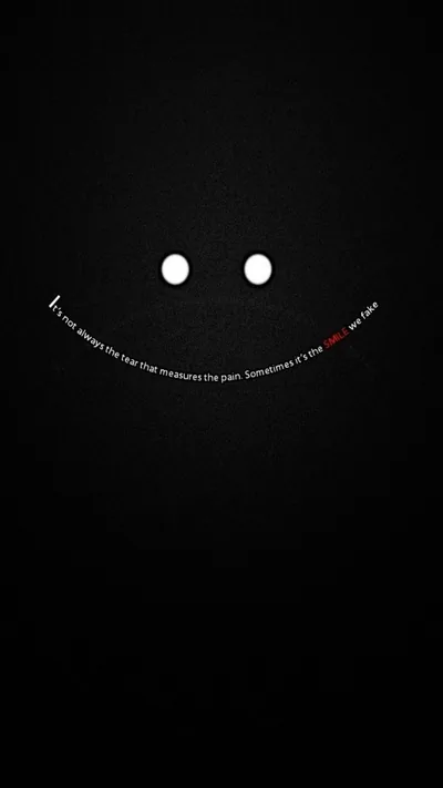 Two white dots and a curved line form a smile, a single line of small type running through the middle of the frame.