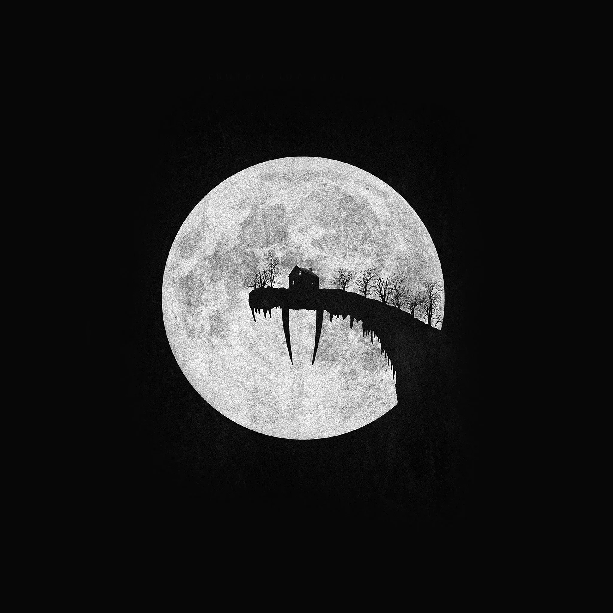 A clifftop with bare trees cuts a black silhouette across a huge grey moon, everything outside the disc dropping to flat night.