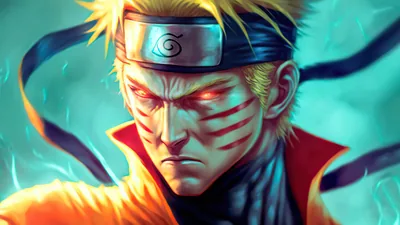 Naruto glares from under his headband with red-rimmed eyes and deep whisker marks, loose teal brushstrokes sweeping behind his orange collar.