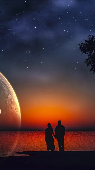 Two silhouettes stand at the shore as an enormous planet climbs over an orange sunset, palm fronds cutting into the starry sky.