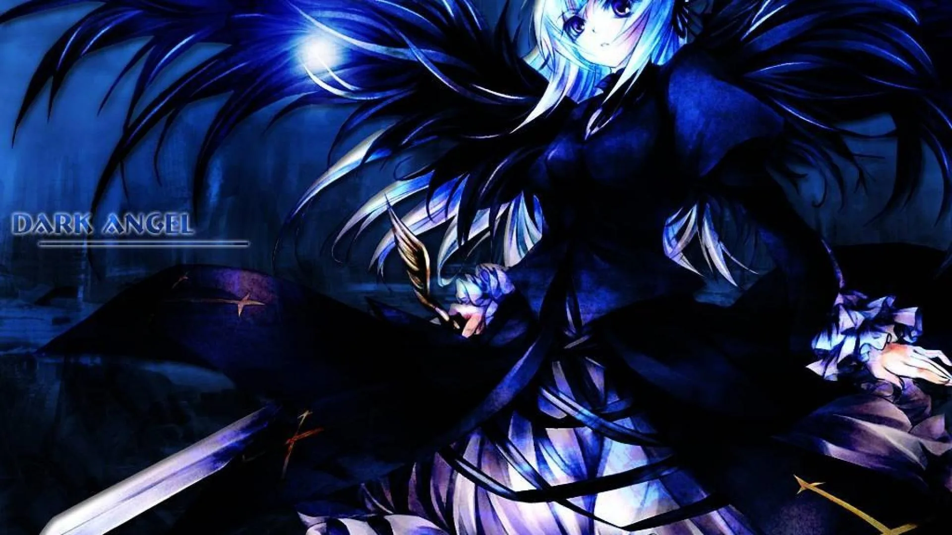 A blue-haired girl in a ruffled dress sits among black feathered wings and floating blades, the whole scene washed in deep midnight blue.
