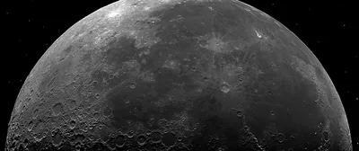 The upper limb of the moon stretches across this ultrawide frame, craters raking sideways in grey light with a strip of black space above.