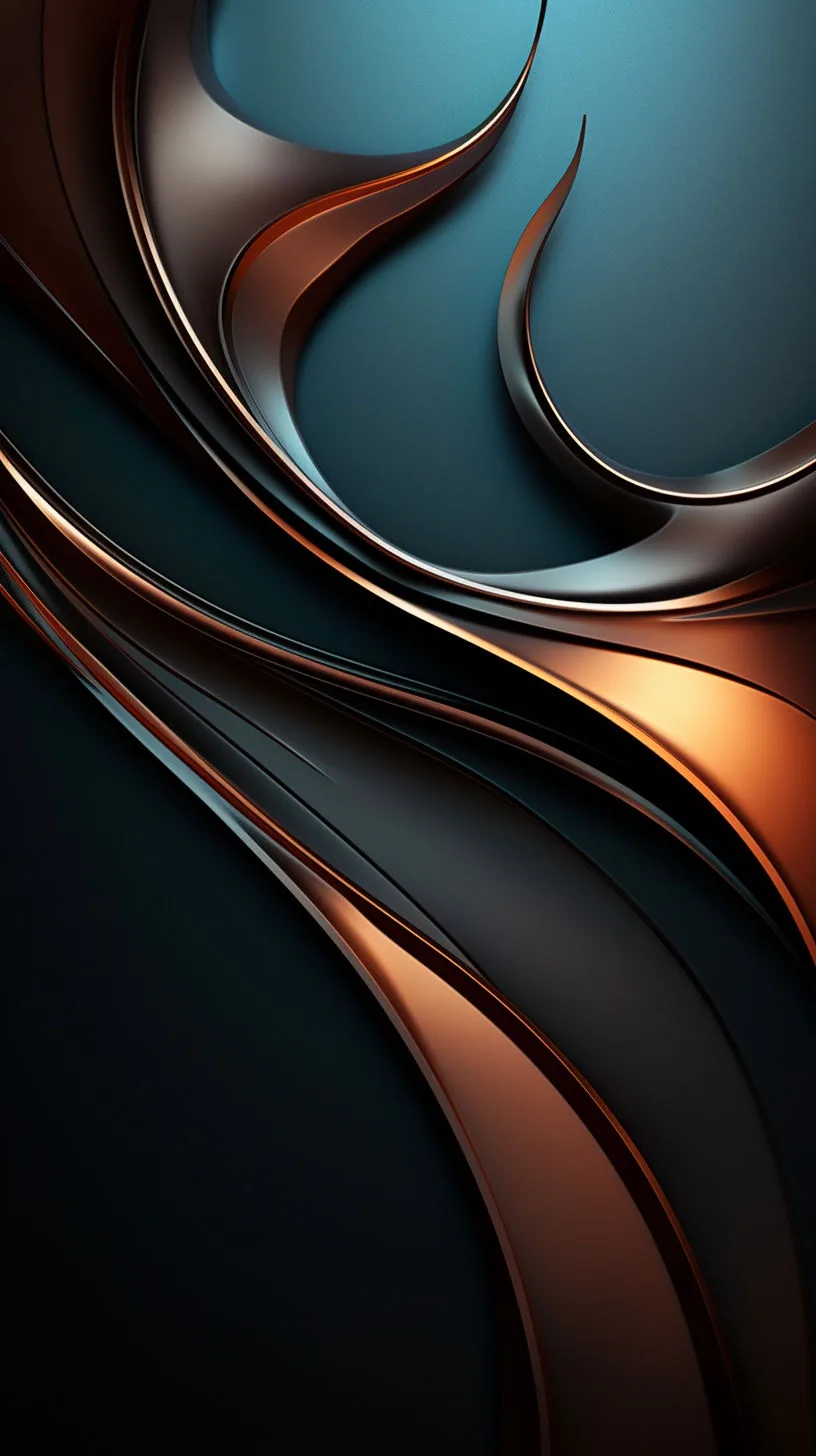 Ribbons of polished copper cut through deep teal and near-black, curving from the top corner down to the bottom edge.