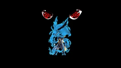 Two pinwheel red eyes hang high in an almost empty black frame, a small figure below wrapped in a blue flame skeleton.
