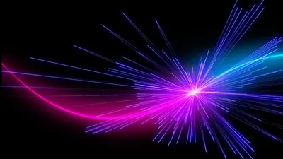 Blue and magenta fibres explode from a single bright point, one long pink strand curving away to the left across black.