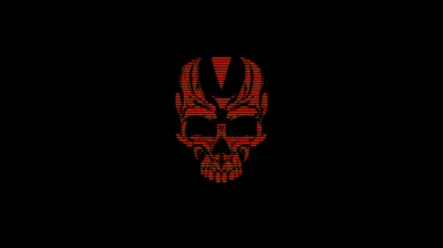 A skull built from fine red dots and ridged horns sits dead centre on flat black, the rest of the frame left empty.
