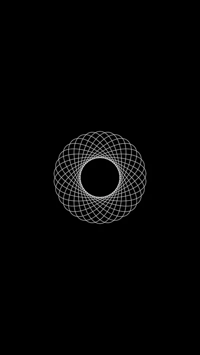 A geometric ring of thin white lines woven into a rosette sits centred in a tall black frame, its middle left as an open dark circle.