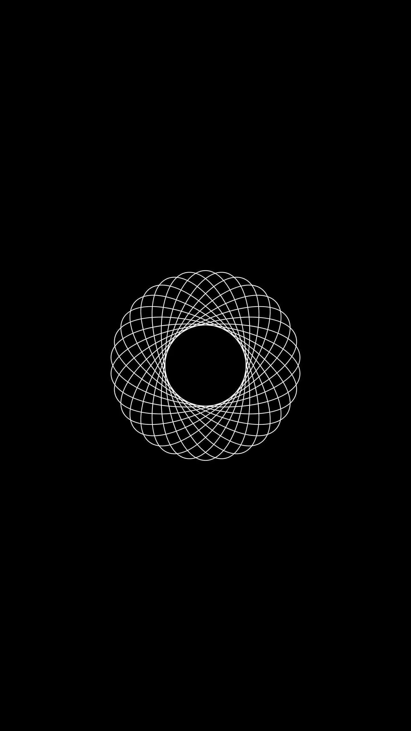 A geometric ring of thin white lines woven into a rosette sits centred in a tall black frame, its middle left as an open dark circle.