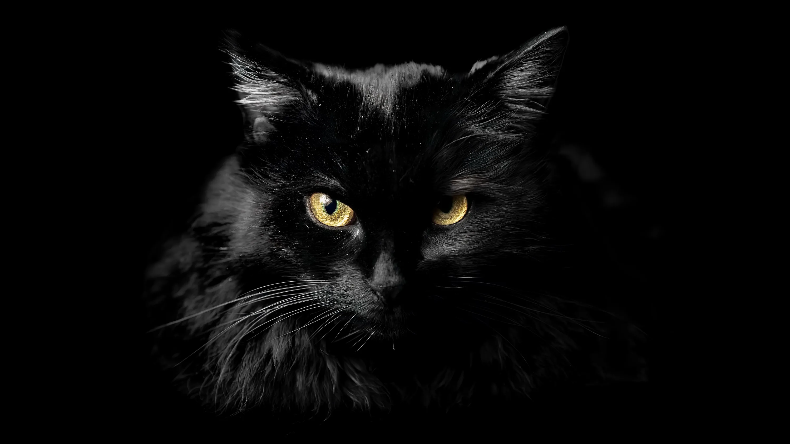 A fluffy black cat looks left with calm yellow eyes, light falling on the ruff and forehead while the right side of the body vanishes into black.