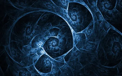 Nested spirals unwind across a black background in pale blue smoke-like strands, tightening into small coils near the centre.