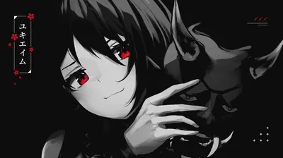 She smiles with one hand raised beside a horned creature, red eyes and Japanese lettering the only breaks in a near-black frame.