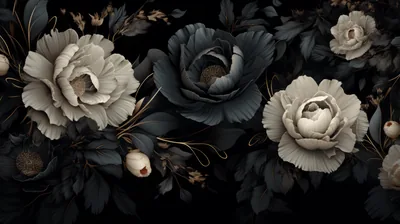 Cream peonies and charcoal roses fill a wide arrangement, gold-touched stems threading between the leaves along the bottom.