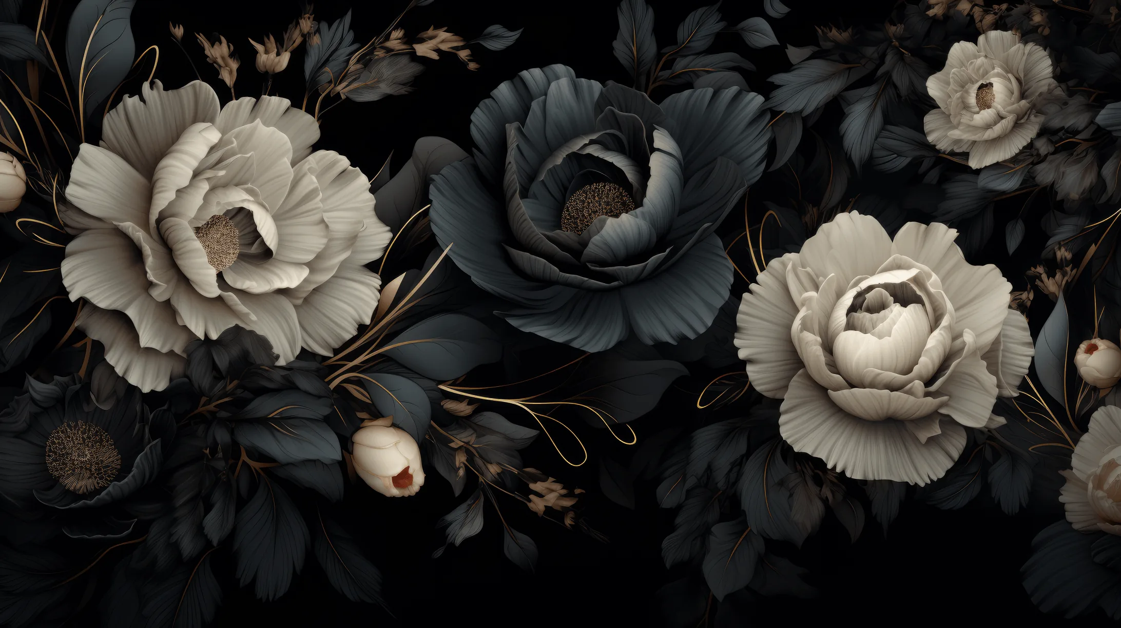 Cream peonies and charcoal roses fill a wide arrangement, gold-touched stems threading between the leaves along the bottom.