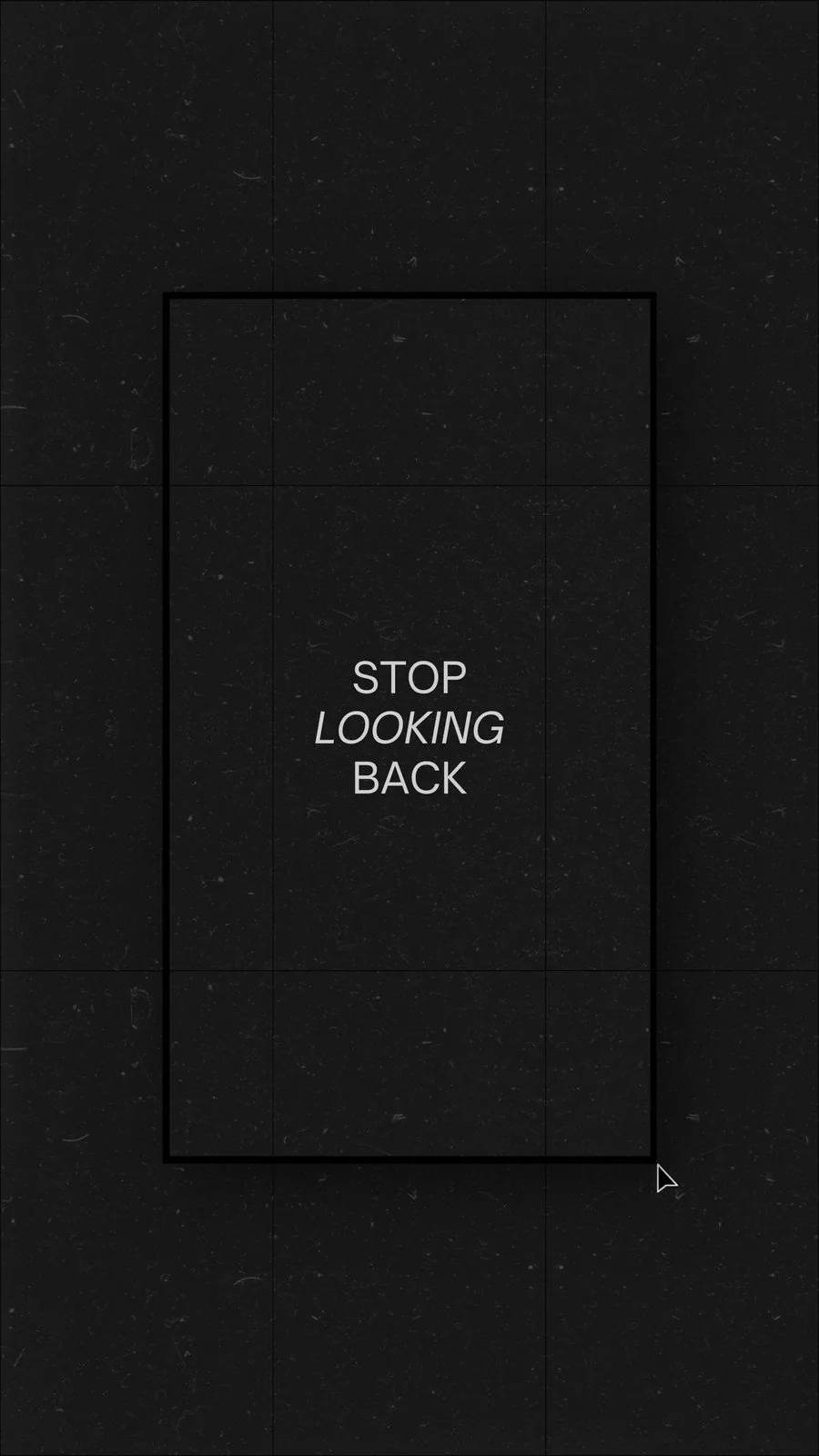 Three words set in small type inside a thin drawn rectangle on a grainy black ground, the rest of the frame left empty.