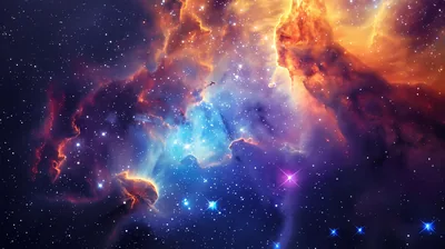 Orange nebula columns rise on both sides of a cooler blue cavity, bright young stars scattered through the opening at the centre.