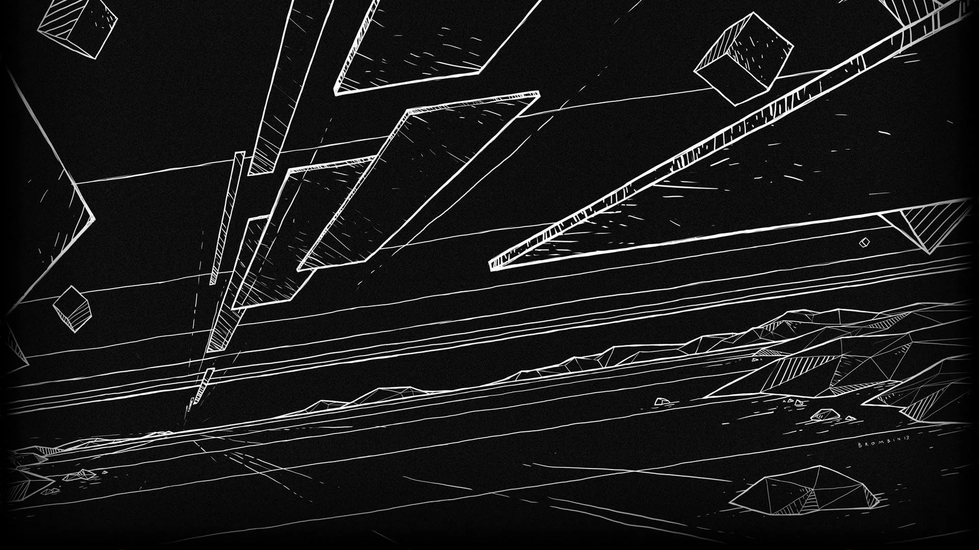 Sharp white lines and hollow blocks slice across a black ground like a chalk sketch, the strokes thinning out toward the lower right.