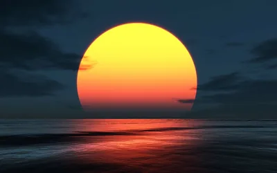 An oversized yellow-orange sun sinks behind a dark sea in this CGI render, its reflection spilling red across the waves below.