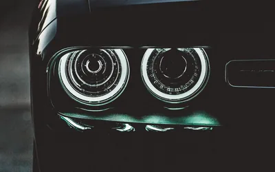 Twin projector lamps ringed with pale green halos fill the frame, the rest of the black bumper falling away into shadow.