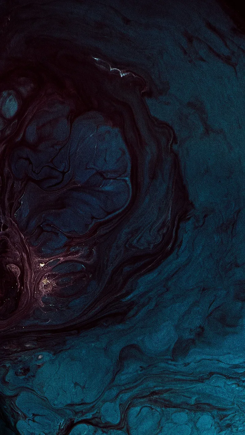 A murky ink bloom curls through petrol teal shadow, its brightest glow rising from the bottom right while the top edge stays close to black.