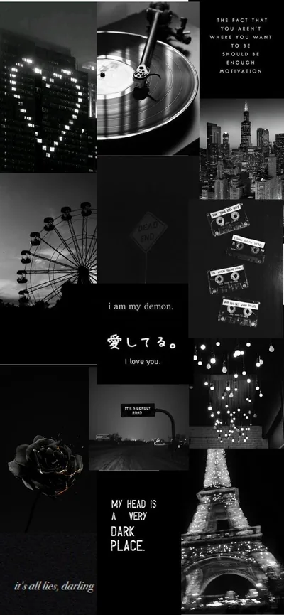 A grid of dark photos and typed lines, a heart of fairy lights, a ferris wheel, a rose and the Eiffel Tower stacked down a phone-shaped frame.