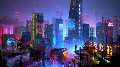 A lone watcher on a girder faces a black glass spire rising from candy-coloured blocks, purple night sky keeping the upper corners quiet.