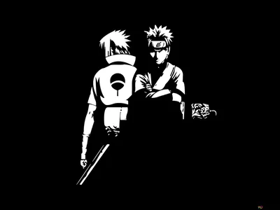 Two figures cut out in flat white on black, one turned away with a sheathed sword at his hip and the other facing forward with arms crossed.