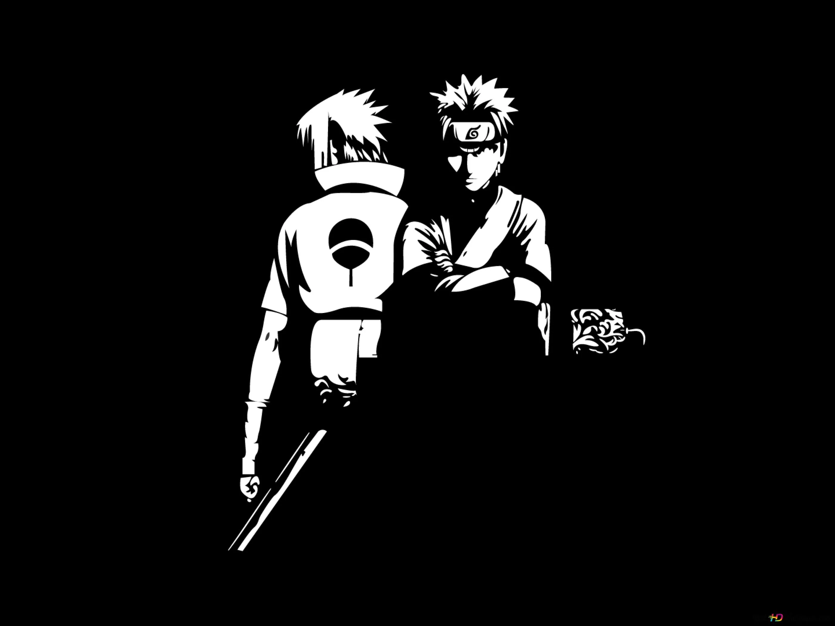 Two figures cut out in flat white on black, one turned away with a sheathed sword at his hip and the other facing forward with arms crossed.