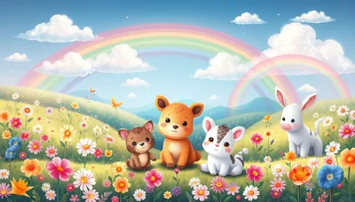 A fawn, two kittens and a rabbit sit among wildflowers beneath twin rainbows, the patch of clear blue sky at upper left holding a clock well.