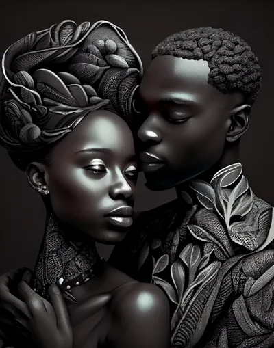A digital portrait of a woman and man cheek to cheek, her wrap and his collar carved with leaf and vine detail, the whole thing lit in cool grey against black.
