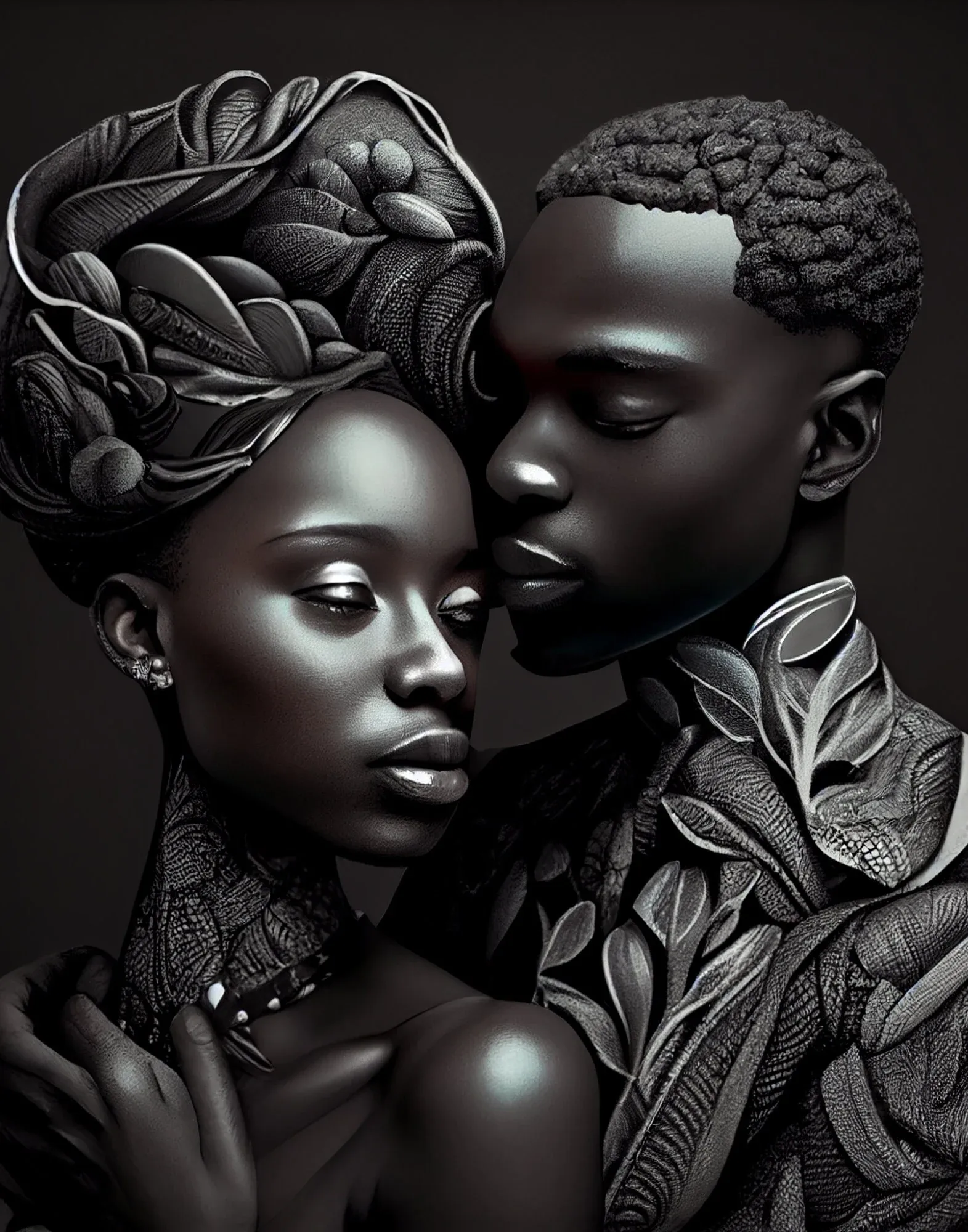 A digital portrait of a woman and man cheek to cheek, her wrap and his collar carved with leaf and vine detail, the whole thing lit in cool grey against black.