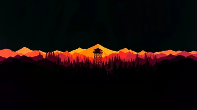 Flat layers of pine and ridgeline in black against an orange and red sky, a small fire lookout tower on the middle crest.