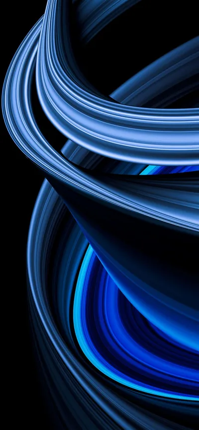 Wide glossy loops turn through the frame like a ribbon caught mid-spin, pale at the top and deepening to electric blue at the bottom.