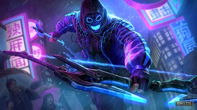 Game art of a hooded archer with a glowing blue grin mask drawing a futuristic bow, magenta sign-boards and rain filling the city behind.