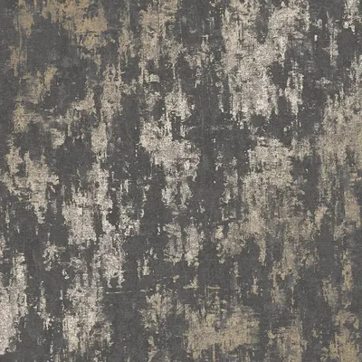 Patches of metallic gold patina break through rough charcoal plaster in an even all-over spread, no single area left plain across the frame.