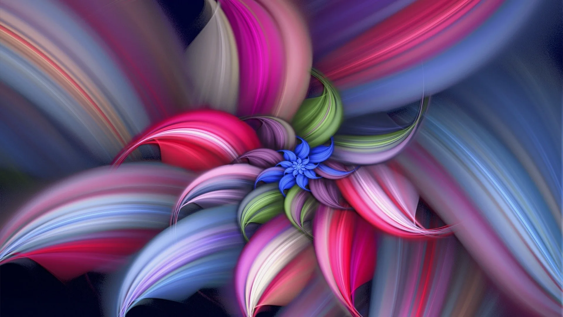 Feathered ribbons in pink, blue, and cream spiral into a small blue blossom right of centre, the backdrop fading to near-black in the corners.