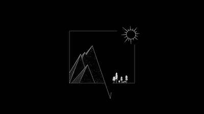 A mountain, a sun and a few small trees drawn in one thin white line inside a square frame on black.
