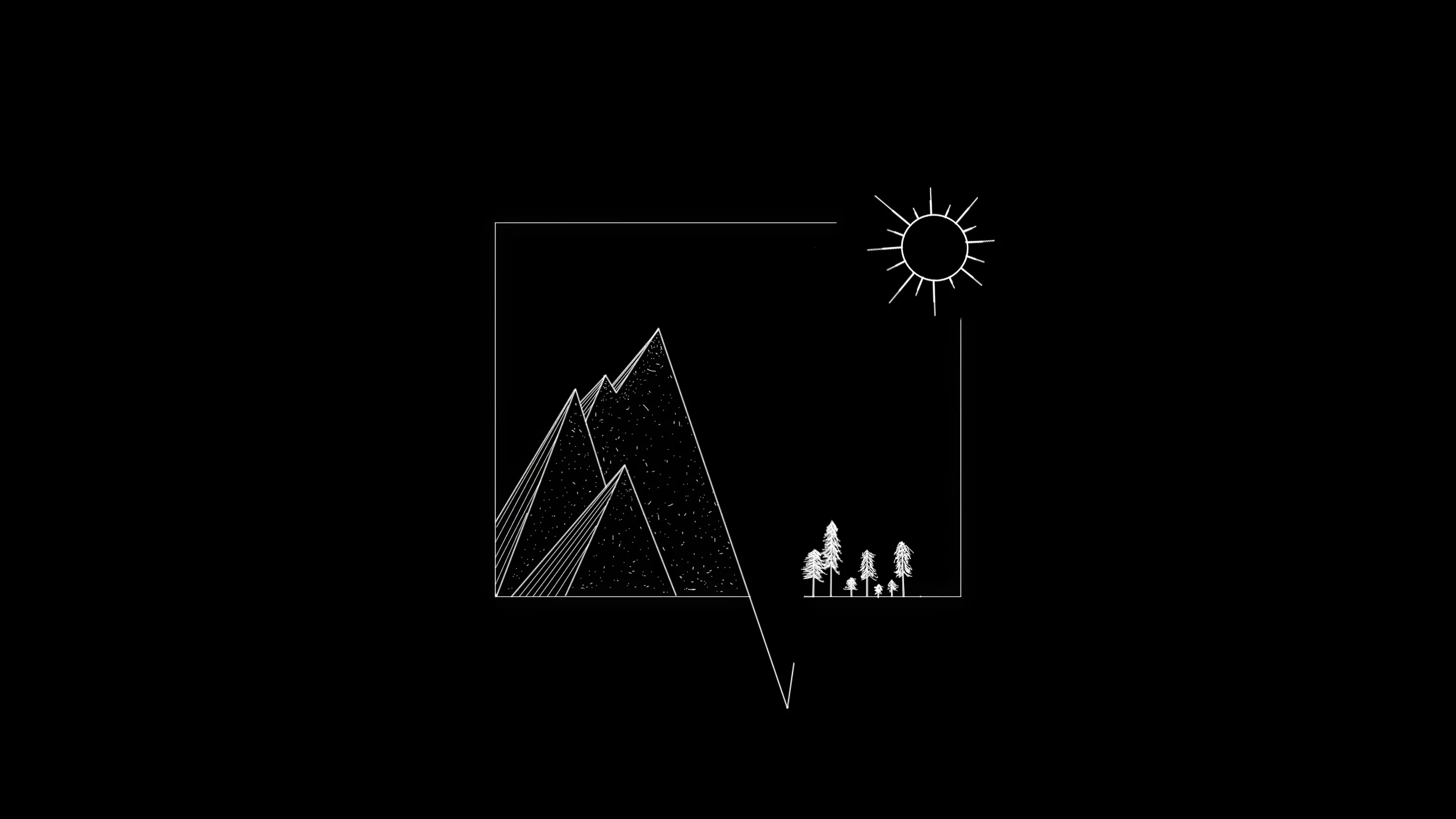 A mountain, a sun and a few small trees drawn in one thin white line inside a square frame on black.