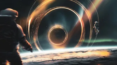 A suited figure stands in the lower left facing huge concentric gold rings, a second astronaut floating to the right above the hazy planet below.