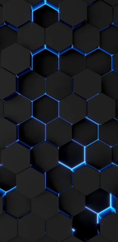 A honeycomb of matte black hexagons lifts off a lit surface, blue light leaking through the gaps between every tile.
