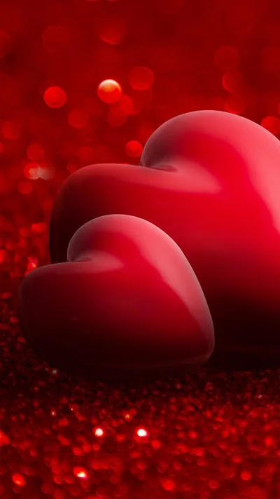 Two smooth three-dimensional hearts sit on a bed of red glitter, highlights sliding along their curves and the background dissolving into sparkle.