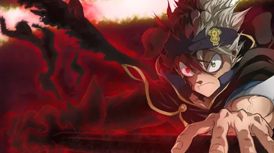 Devil-marked Asta thrusts a blackened hand toward the viewer as a storm of red and black energy tears across the sky, his green eye the only cool colour.