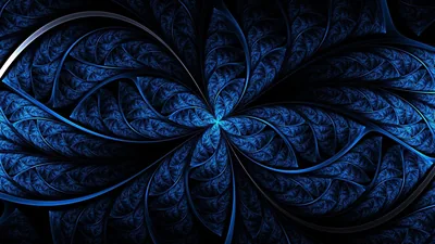 A fractal pattern opens into feathered petals of royal blue, folding symmetrically around a small bright point at the centre.